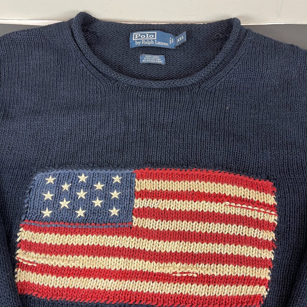 Polo by Ralph Lauren Navy Crewneck Sweater with Red, White & Blue Flag Motif